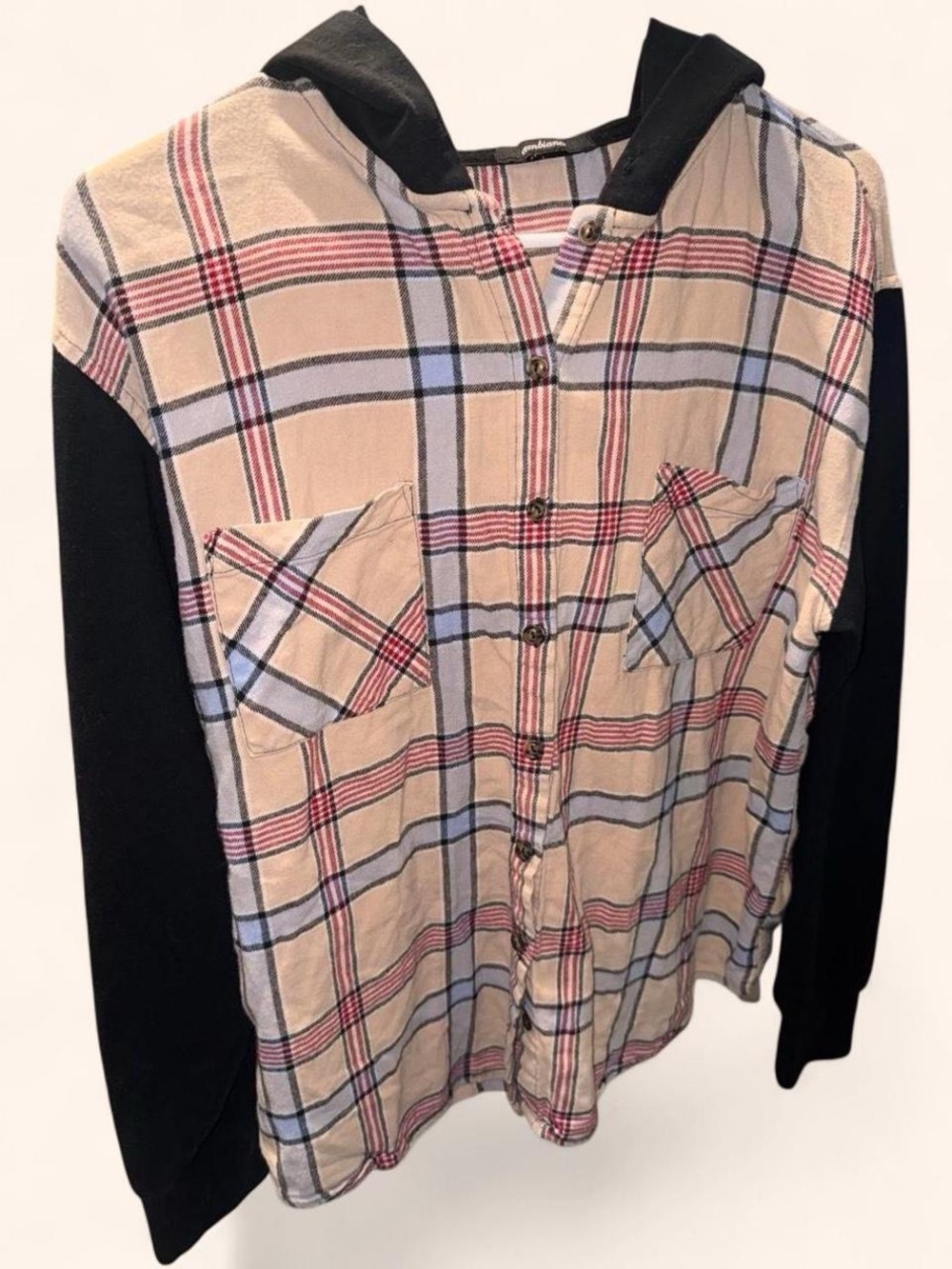 Ambiance Beige Plaid Hooded Button-Up Shacket with Black Sleeves